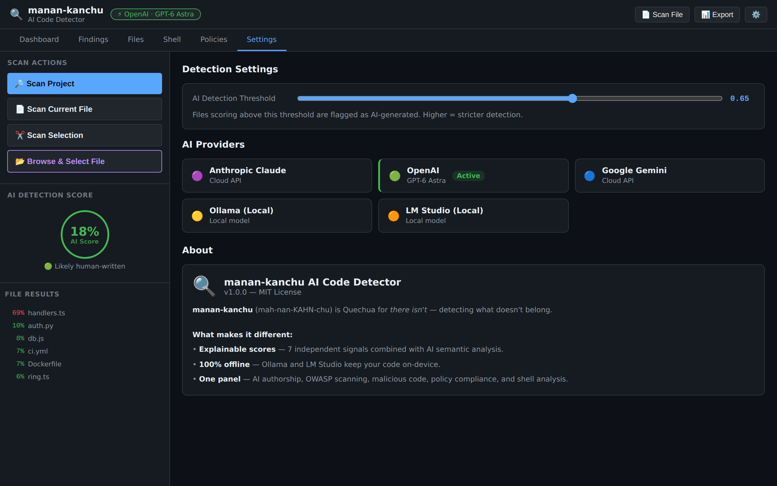 Settings tab — provider configuration