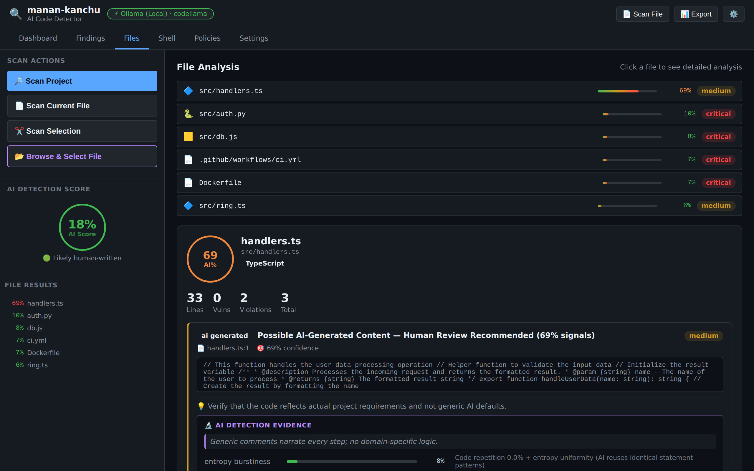 Files tab — per-file AI score, vulnerabilities and policy violations