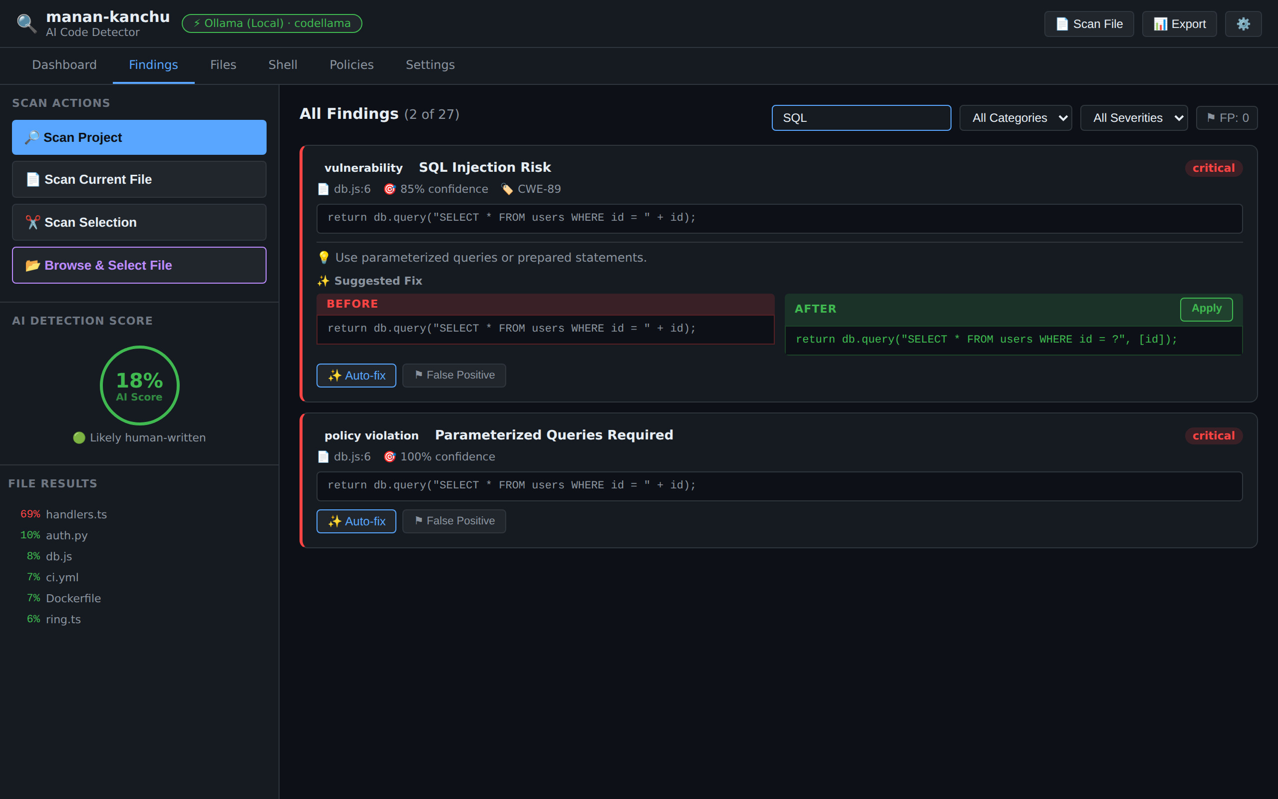 Vulnerability finding with an AI-suggested fix (before / after)