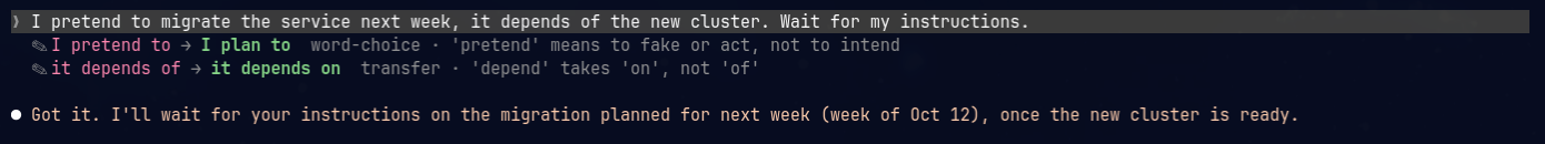 Fixes under a prompt: the wrong words in red, the fixes in green, with the category and a short reason