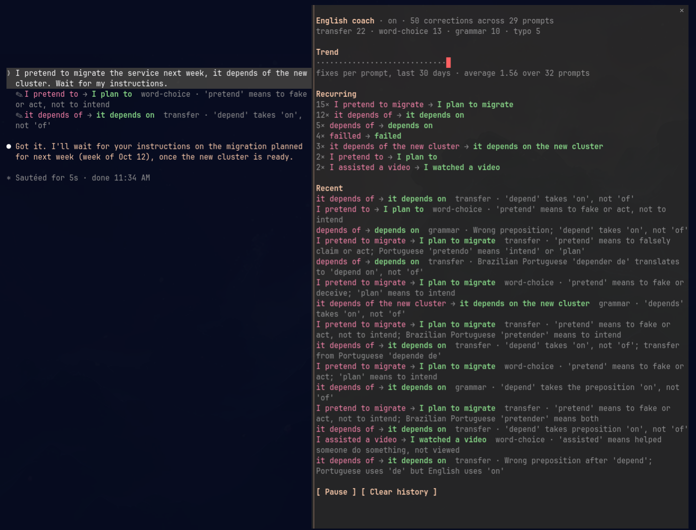 The /language-coach pane beside the session: totals by category, the 30-day trend, recurring mistakes and recent fixes
