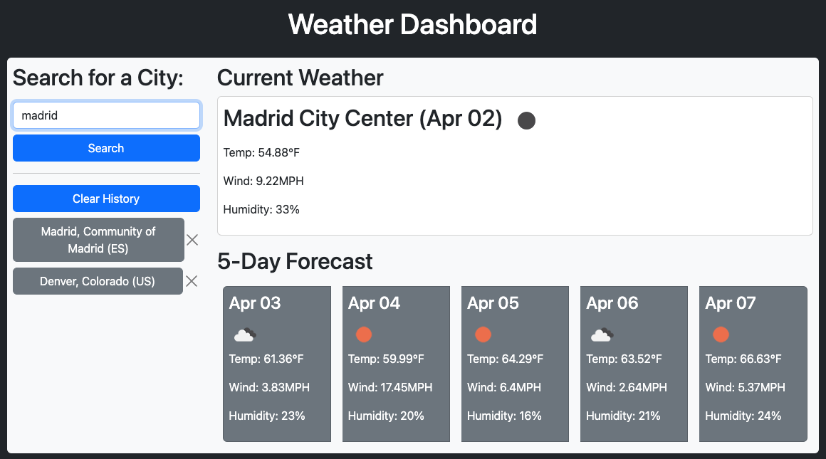 Weather Dashboard Search History