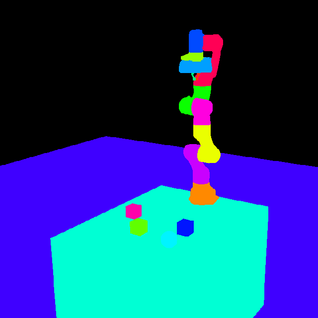 The same view's instance segmentation: each link of the arm, the table, each block and the ball in its own colour