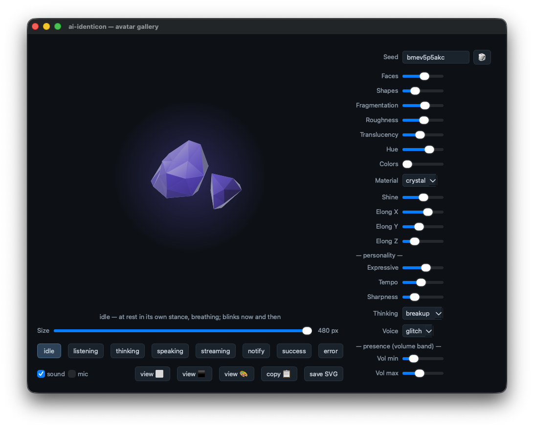The ai-identicon gallery — a live "presence orb" at idle, with the full genome and personality controls