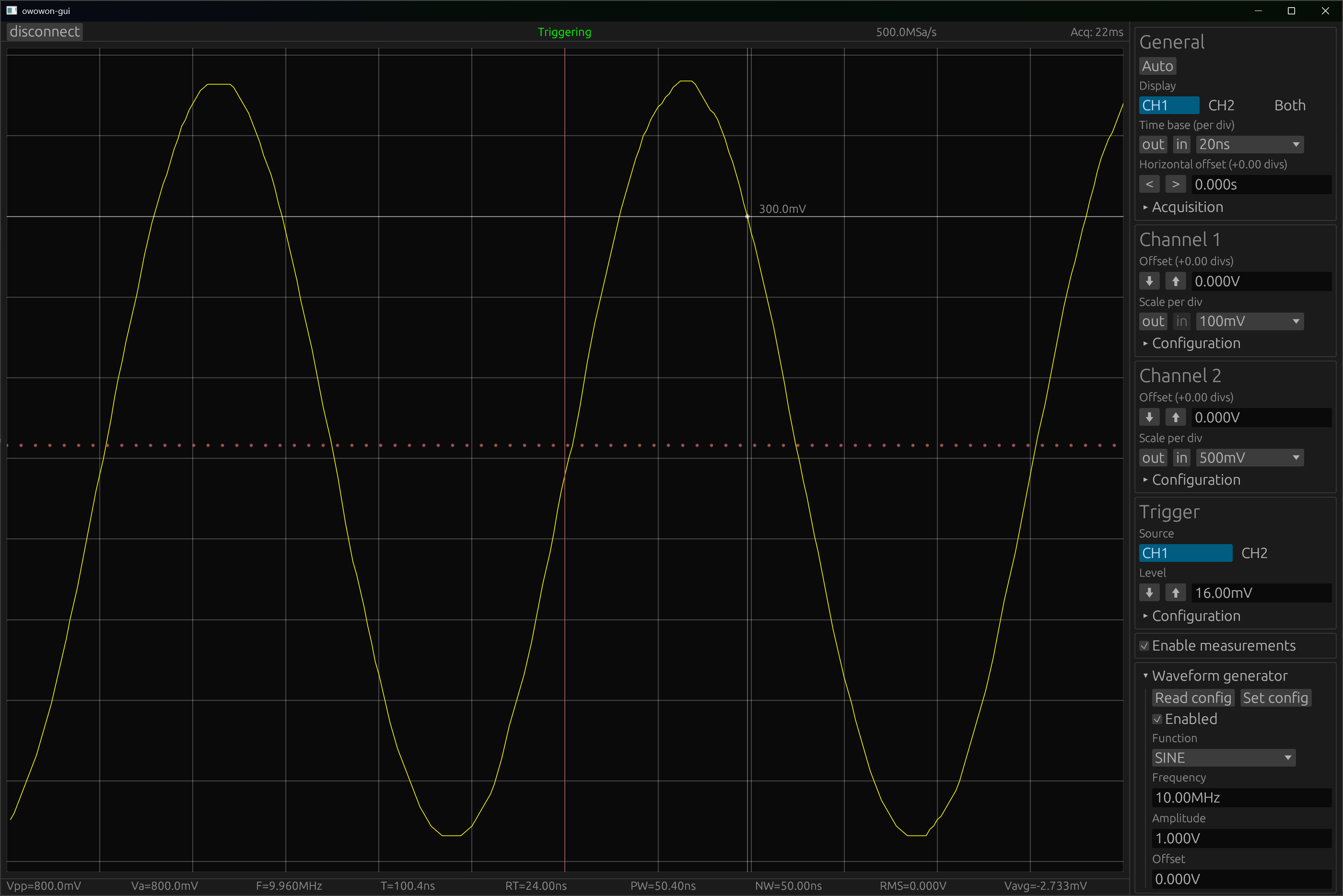 Screenshot of the program, reading a 10 MHz sine wave generated by the device itself