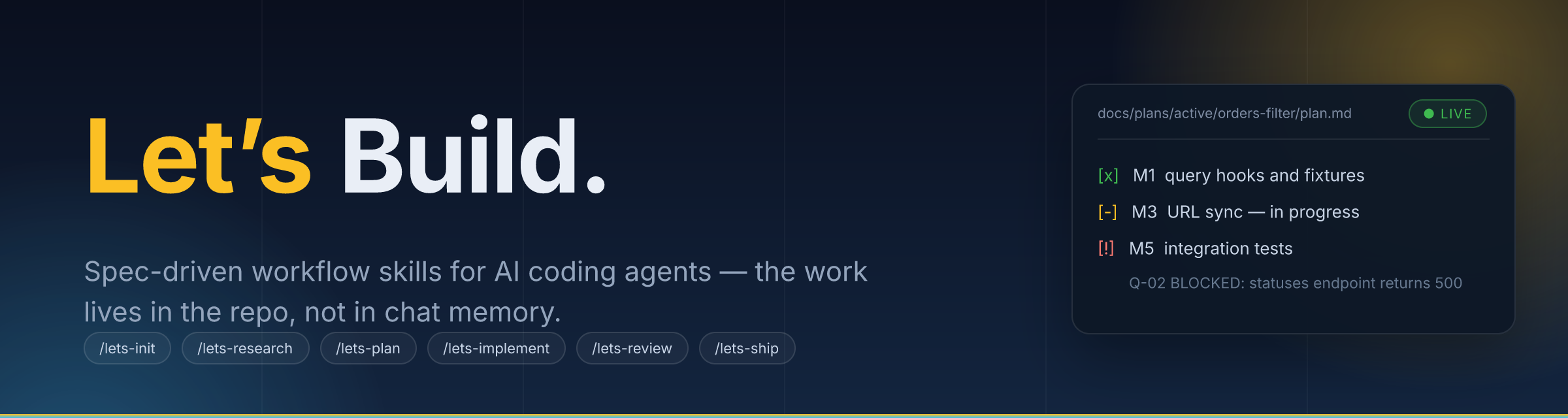 Let's Build — spec-driven workflow skills for AI coding agents. The work lives in the repo, not in chat memory.