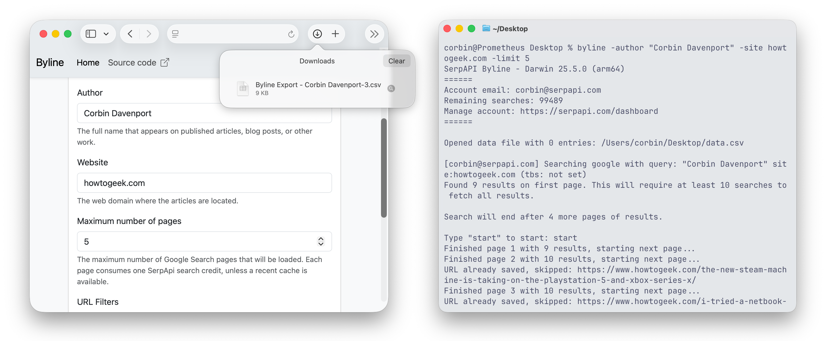 Screenshot of Byline in a web browser and Terminal application