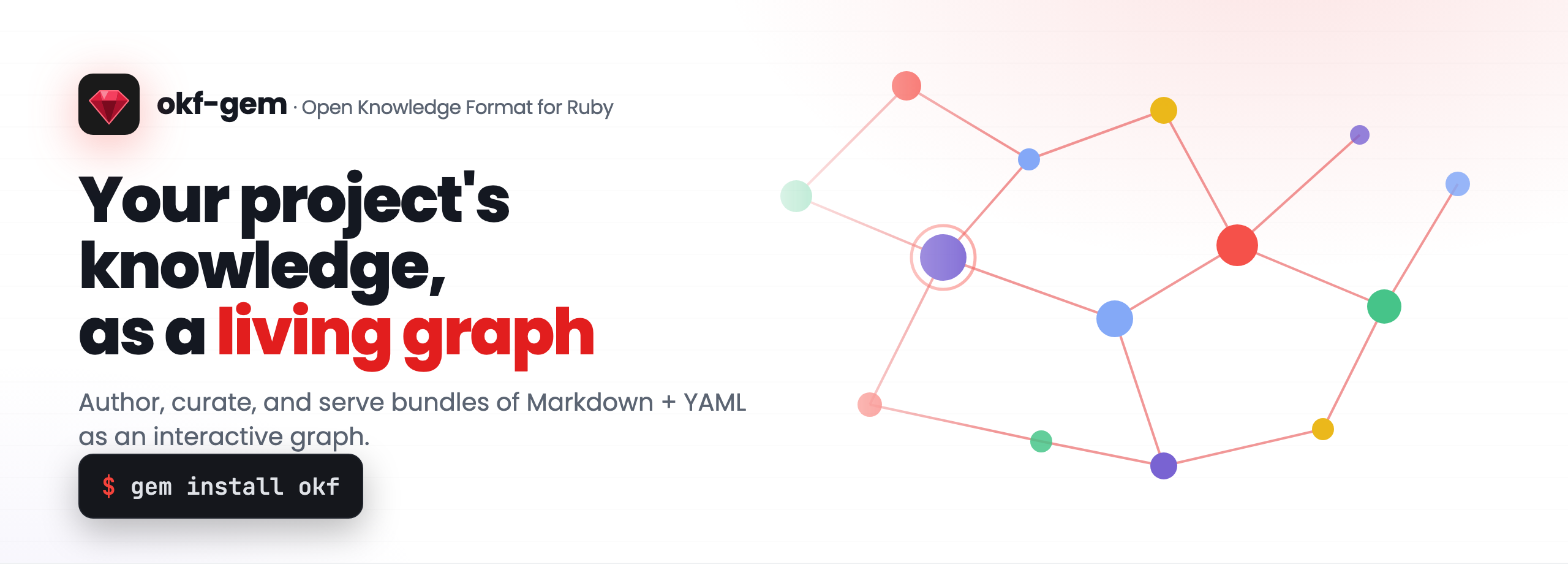 okf-gem: your project's knowledge as a living graph. A lightweight Ruby gem for the Open Knowledge Format that authors, curates, and serves bundles of Markdown + YAML as an interactive graph.
