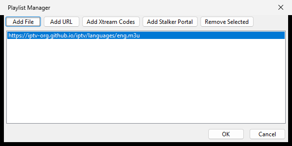 The Playlist Manager dialog. Buttons across the top read Add File, Add URL, Add Xtream Codes, Add Stalker Portal and Remove Selected. A list below holds one playlist URL, and OK and Cancel buttons sit at the bottom.