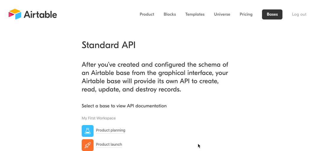 An Airtable base ID in the API section
