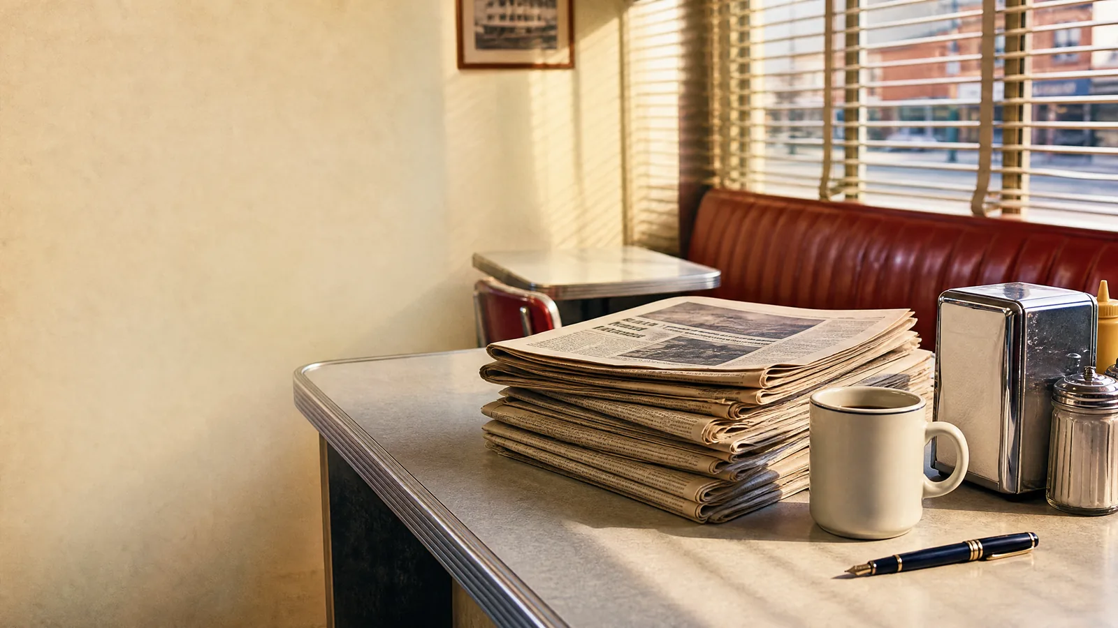 Amerikanische Wirtschaftszeitungen und Kaffee auf hellem Schreibtisch