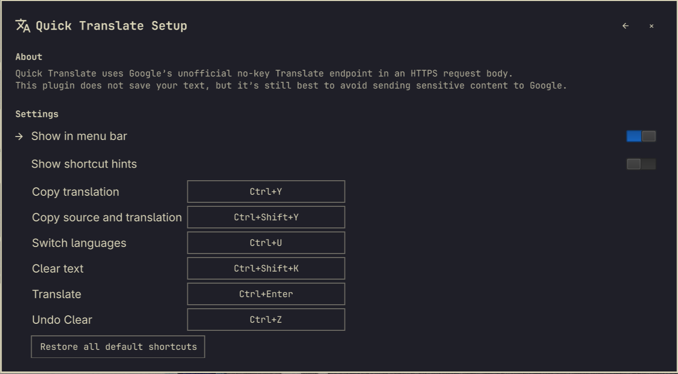 Quick Translate settings preview