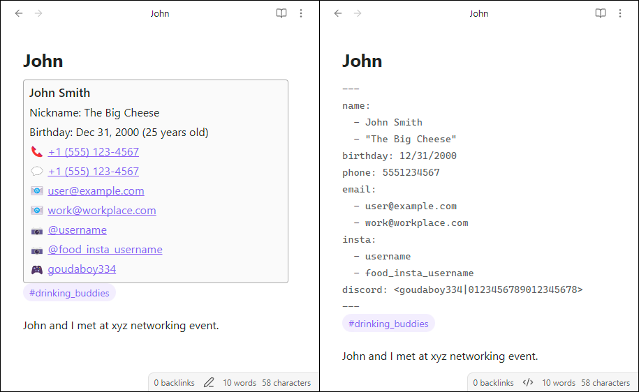 An Obsidian window showing a contact card with linked contact info below the note's title. An adjoining screenshot shows the note's frontmatter in source mode.