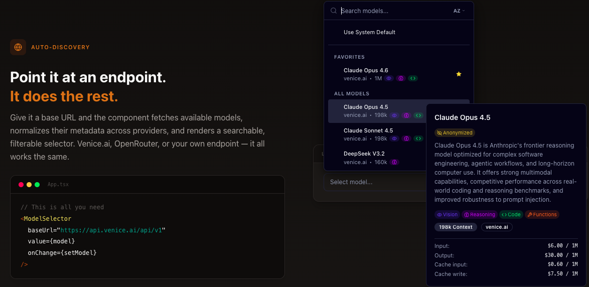 open-model-selector screenshot showing auto-discovery, code snippet, and the model selector popover