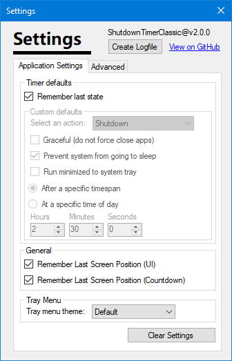 Screenshot of the settings window