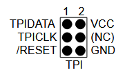 A 2-by-3 pinout diagram showing (from top-left counterclockwise) TPIDATA, TPICLK, ~RESET, GND, (NC), VCC