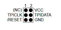 A 2-by-3 pinout diagram showing (from top-left counterclockwise) (NC), TPICLK, ~RESET, GND, TPIDATA, VCC