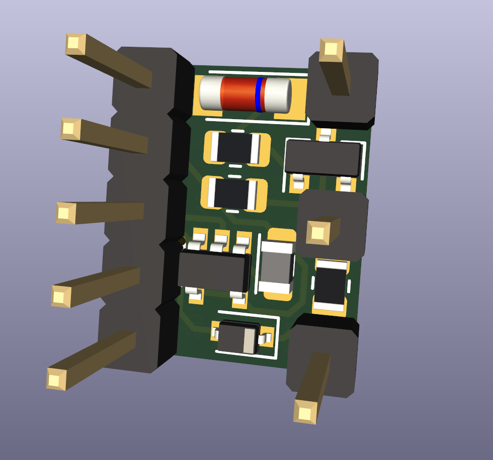A KiCad render of a surface-mount PCB the size of a 10-DIP chip