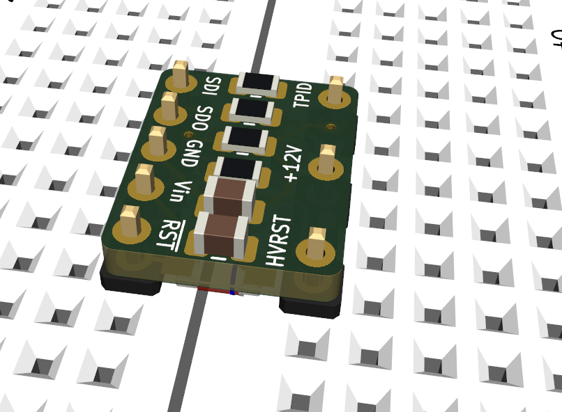 A KiCad render of the same PCB placed on a breadboard