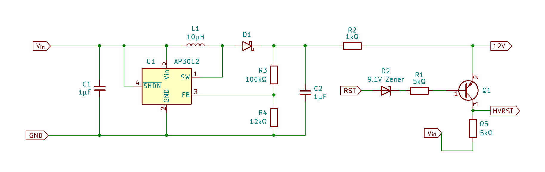 A schematic showing a 12V boost converter and an output that switches between 12V and 5V
