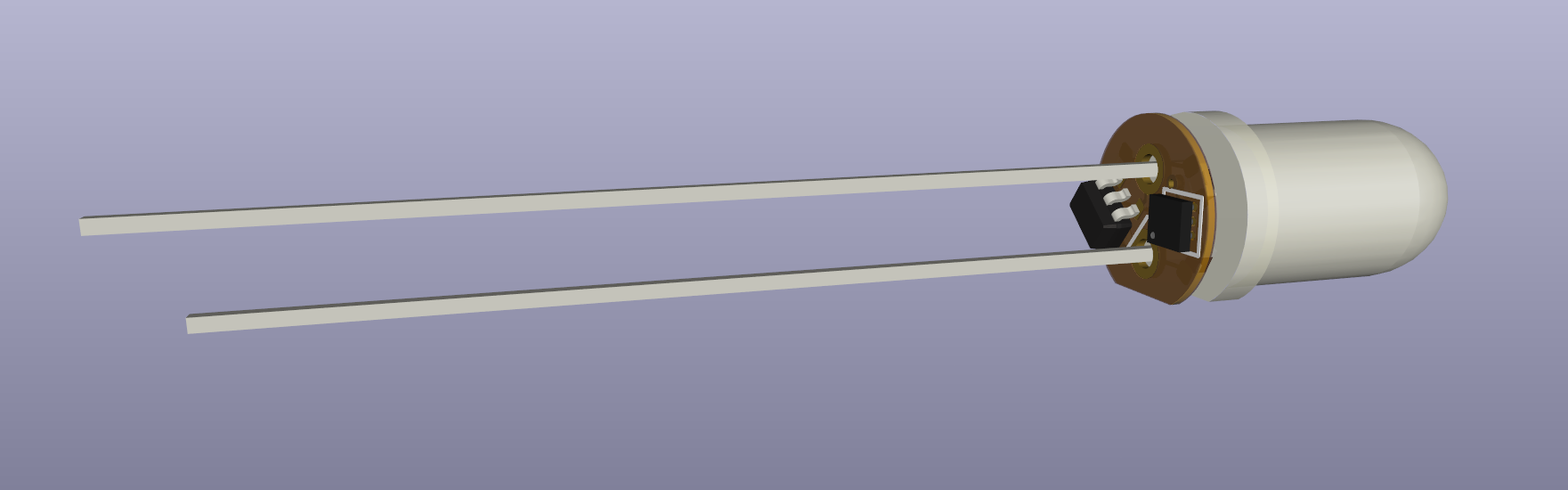 A 3d render of a 5mm through-hole LED with a small PCB on the underside of the lens