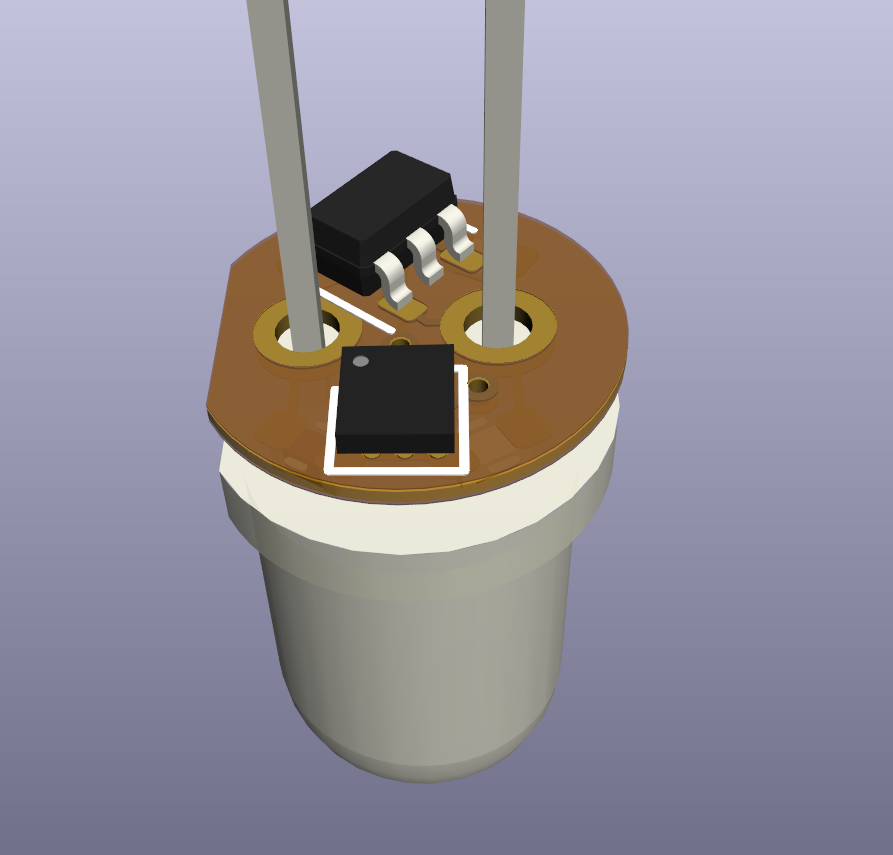 A 3d render of a 5mm through-hole LED with a small PCB on the underside of the lens