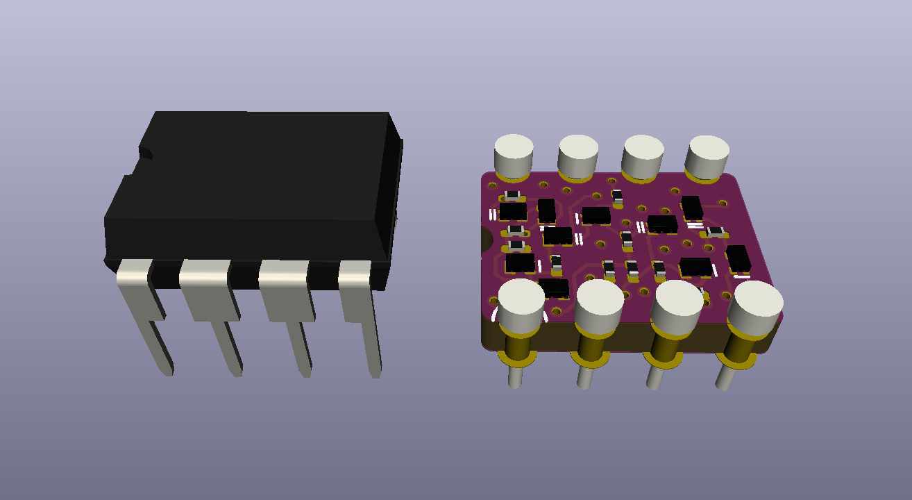 3D render, side view looking at a DIP-8 IC and the discrete 555 timer