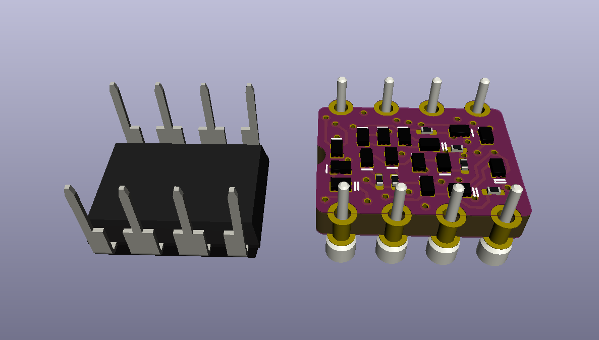 3D render, underside view looking at a DIP-8 IC and the discrete 555 timer