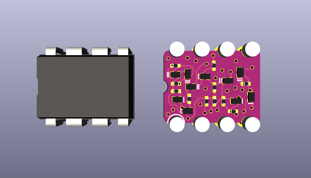 3D render, top view looking down at a DIP-8 IC and the discrete 555 timer