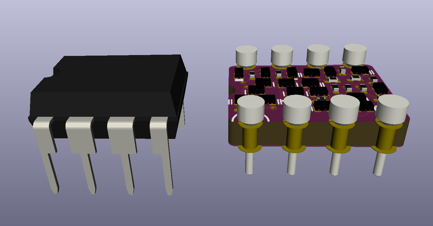 3D render, side view looking at a DIP-8 IC and the discrete 741 op-amp