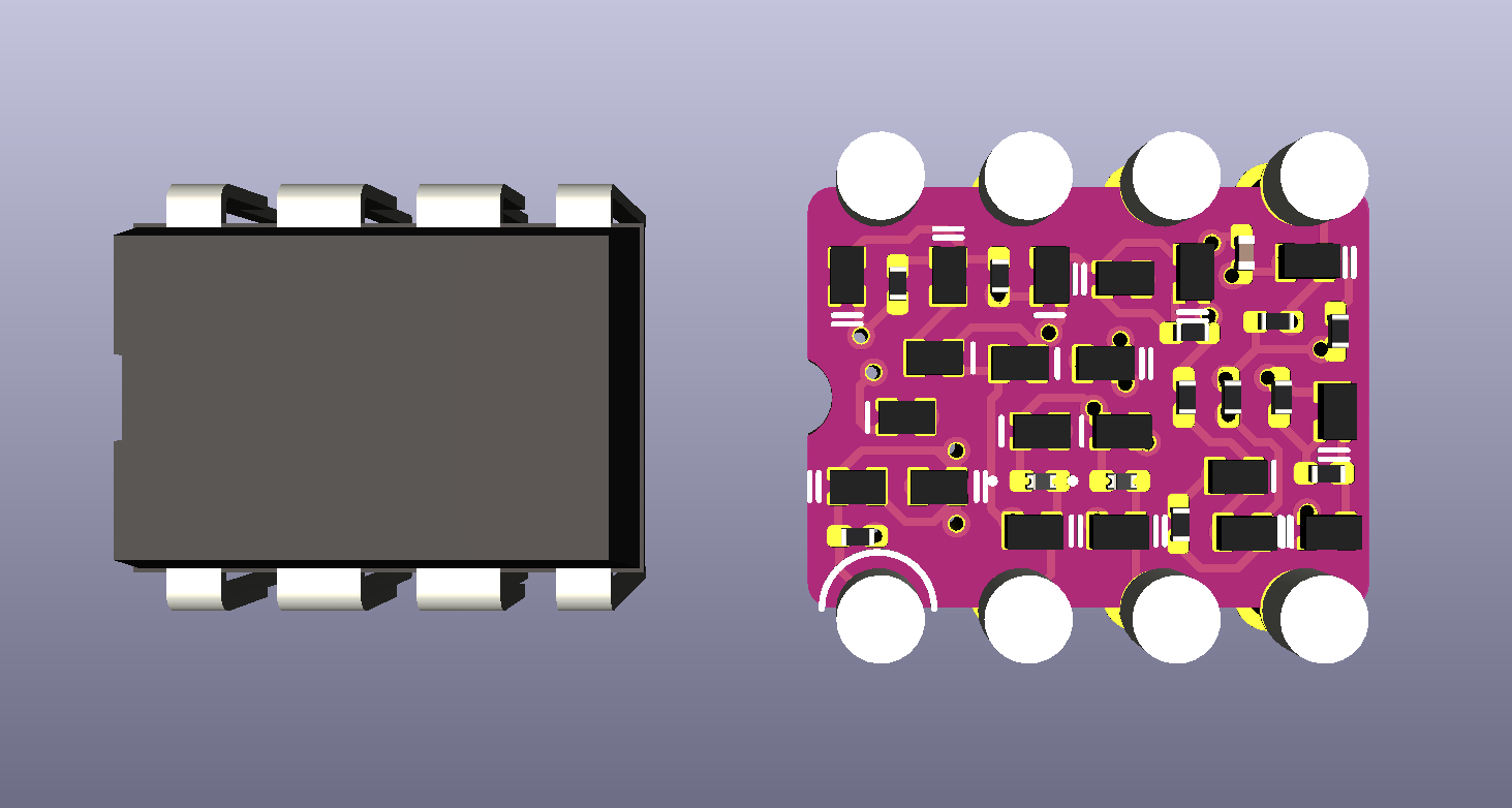 3D render, top view looking down at a DIP-8 IC and the discrete 741 op-amp