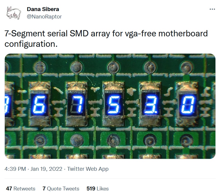A screenshot of a tweet showing surface mount resistors that have been photoshopped to look like they have 7-segment displays on them. The tweet text says "7-Segment serial SMD array for vga-free motherboard configuration."