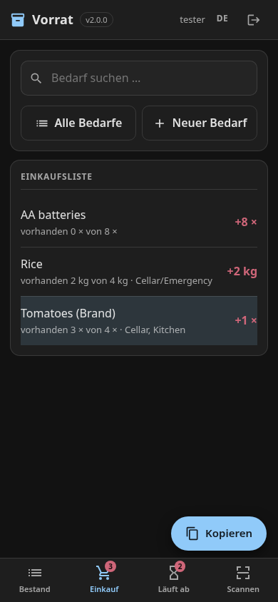 Shopping list, German