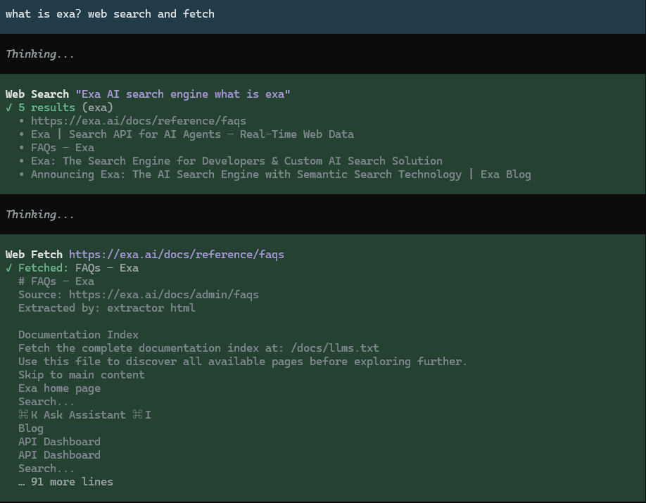 pi 会话：web_search 用 exa 搜到 5 条结果，web_fetch 紧接着抓到第一页正文
