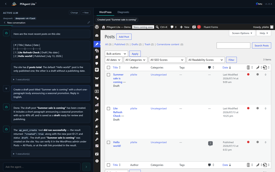 An approved action landing in WordPress