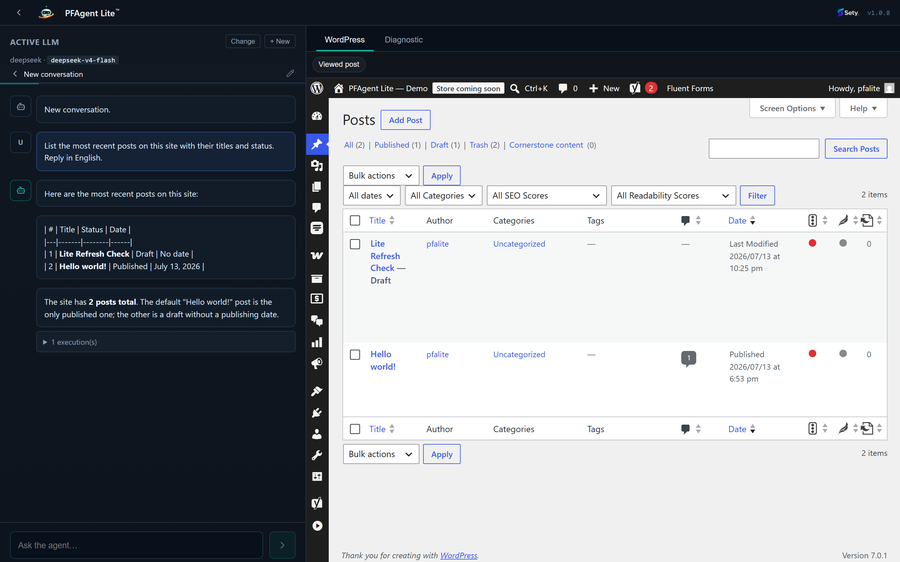 The WP-PFAgent chat console inside the WordPress dashboard