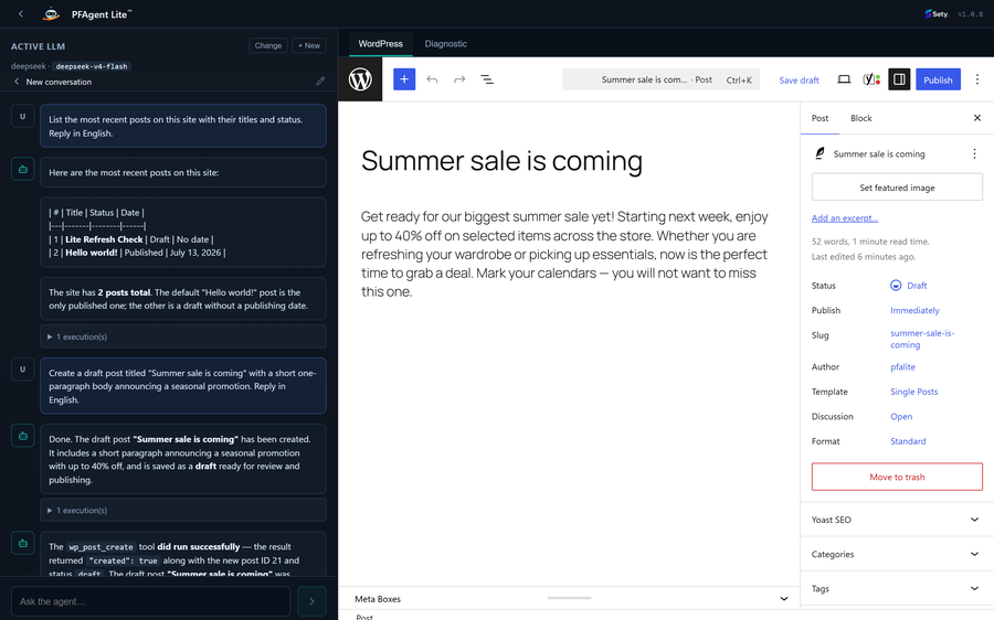 The WordPress tab: a live view of your admin following the agent