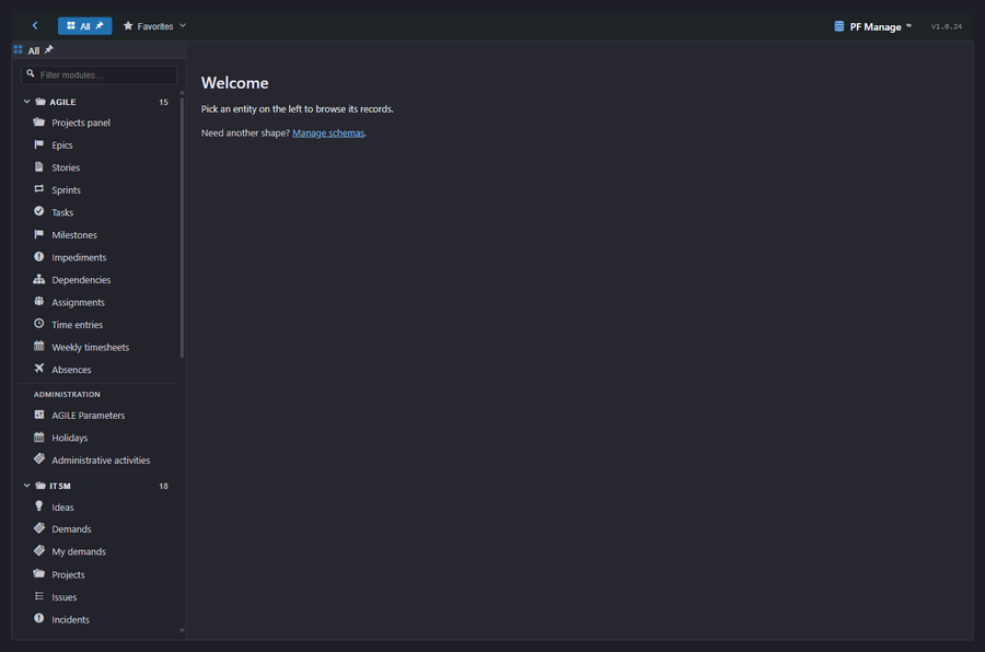 WP-PFManagement apps and modules in the sidebar