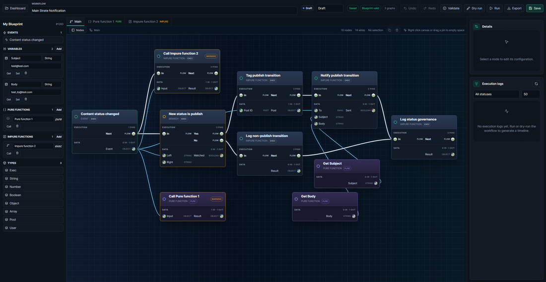 WP-PFWorkflow visual editor: triggers, branches and functions on a canvas