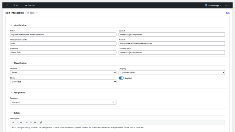 A support case is opened in WP-PFManagement