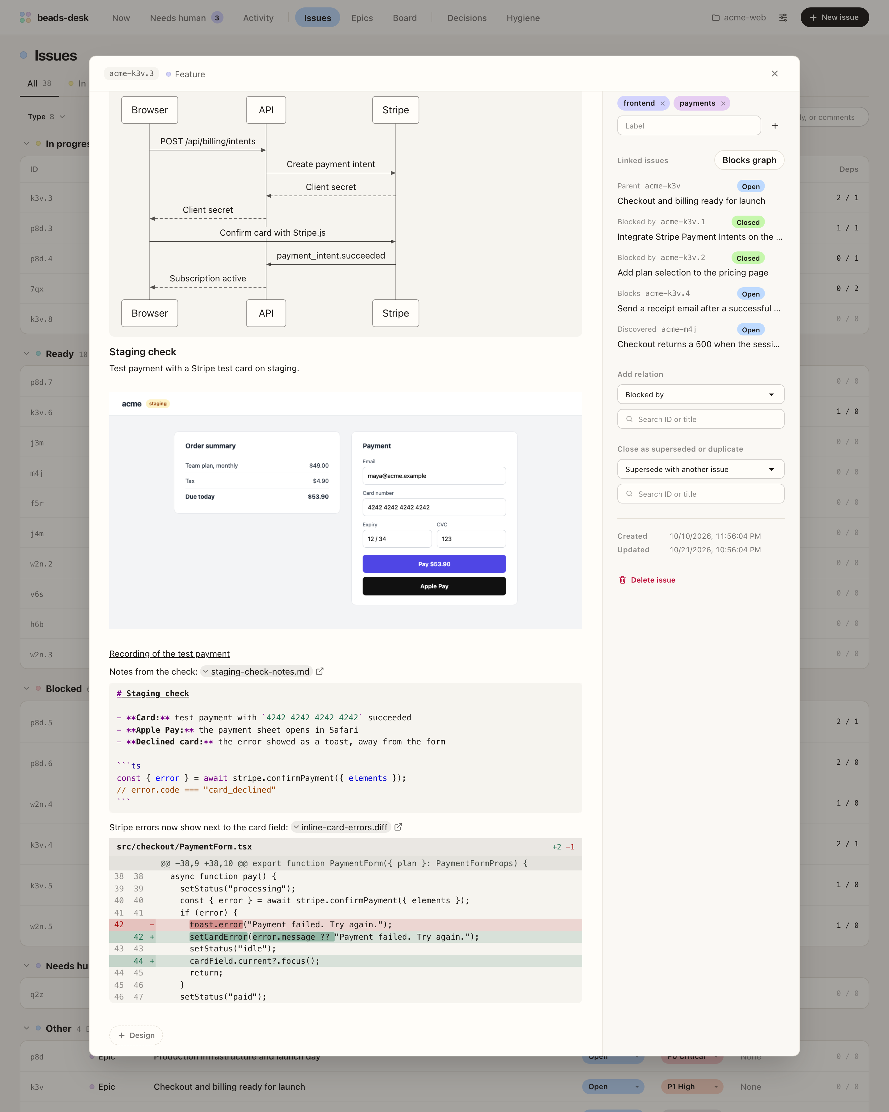 Issue detail showing a Mermaid sequence diagram, a screenshot of a checkout page from a local file, and expanded previews of a Markdown note with syntax highlighting and of a diff with line numbers and the changed words highlighted