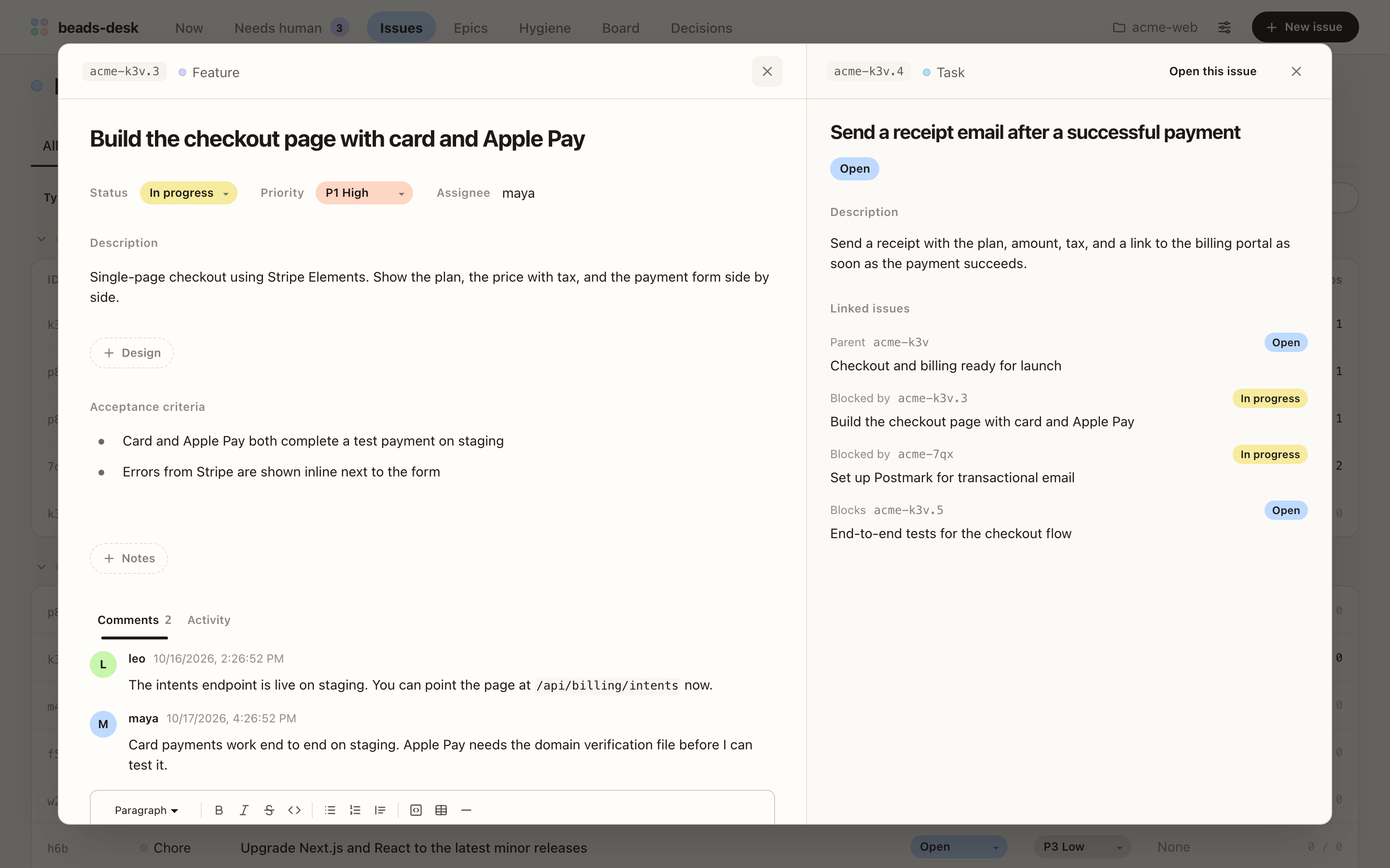 Issue detail with a linked issue open in a side panel that lists its parent, blocked-by, and blocks issues