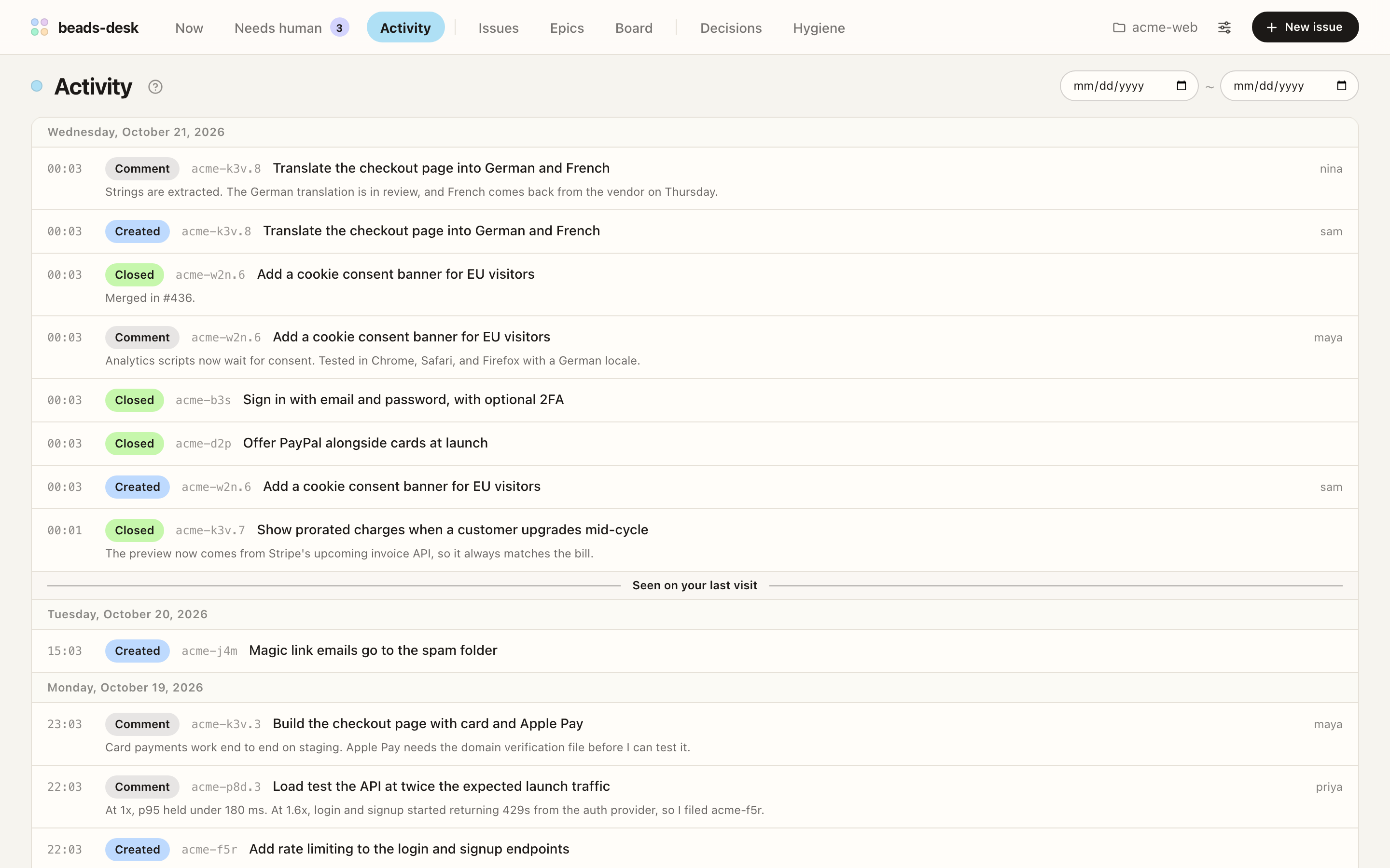 Activity screen listing issues created, closed, and commented on today, with a Seen on your last visit divider above older records