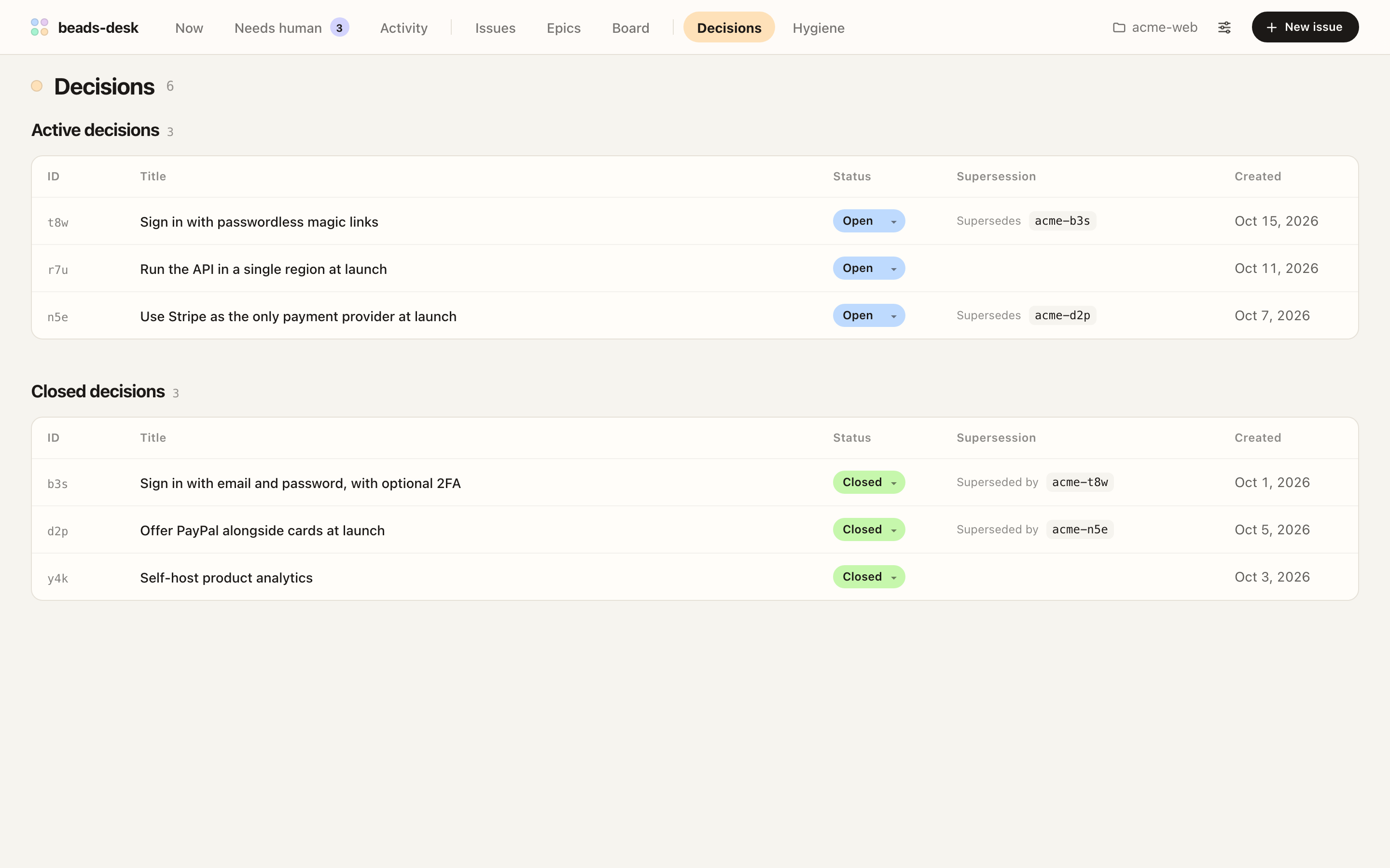 Decisions screen splitting active and closed decisions, with supersedes and superseded-by links