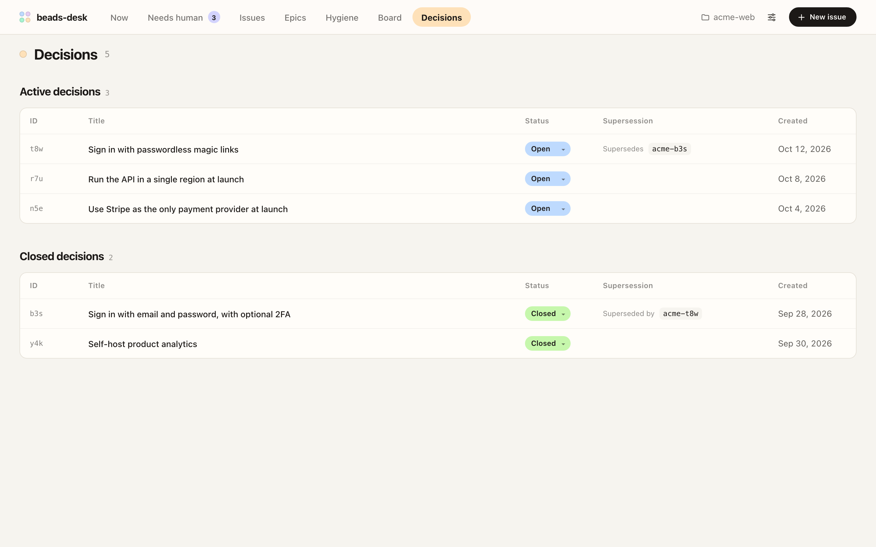Decisions screen splitting active and closed decisions, with supersedes and superseded-by links