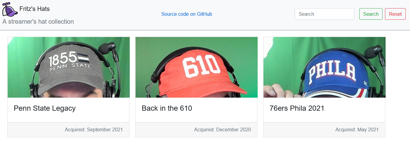 Screenshot of Fritz's HatCollection website