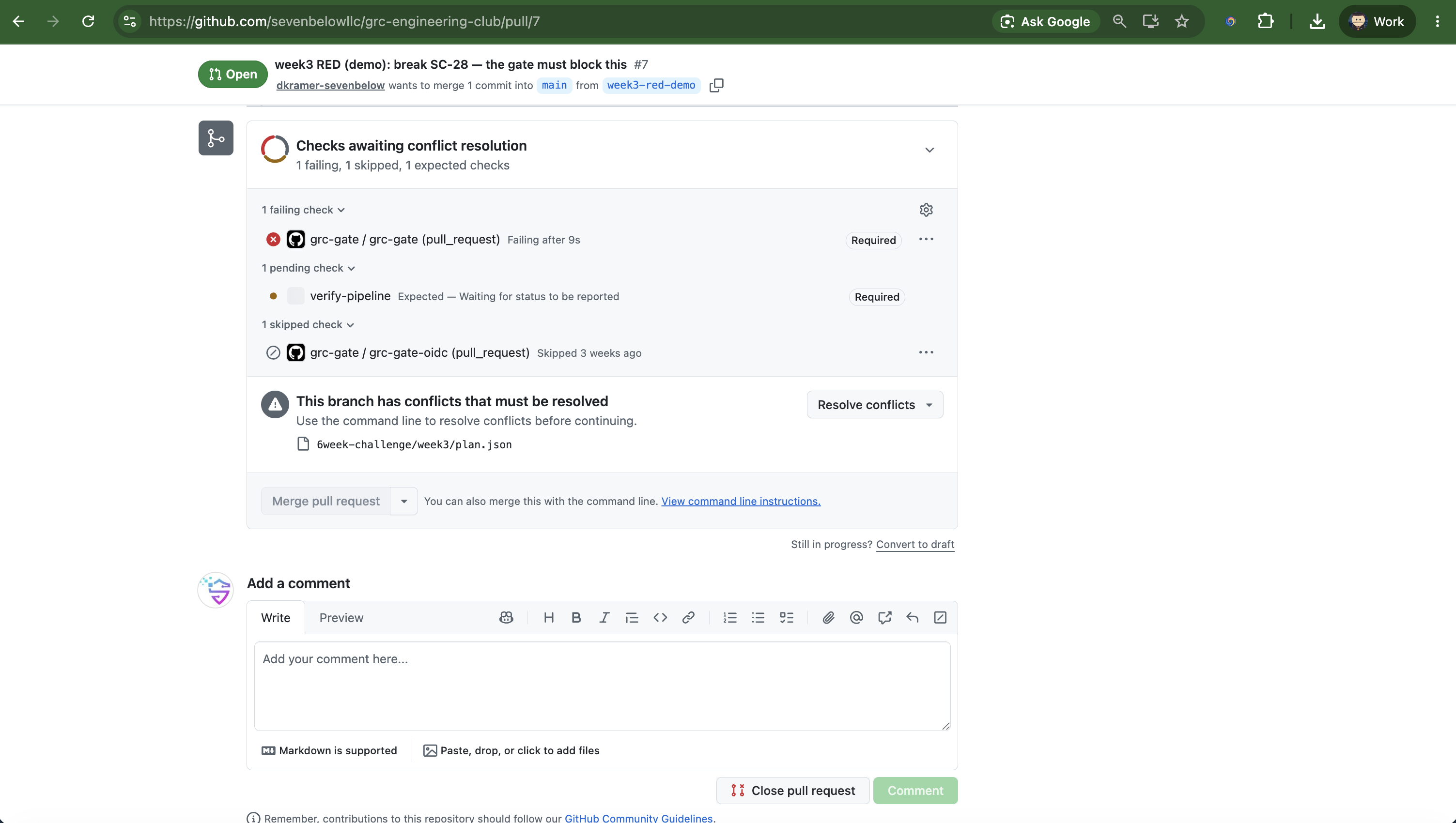 The merge box: the required grc-gate check failing, and the merge blocked