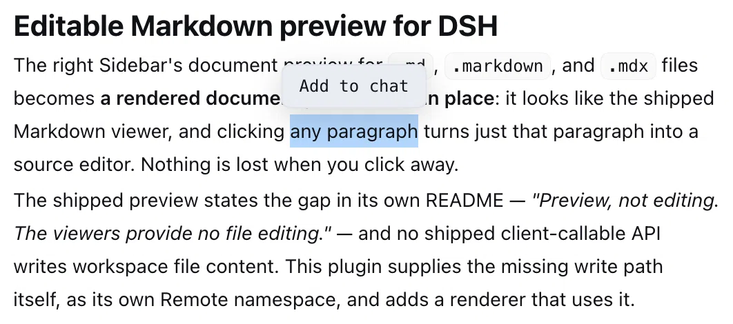 Selecting a passage in the rendered document, with the Add to chat action bar above it
