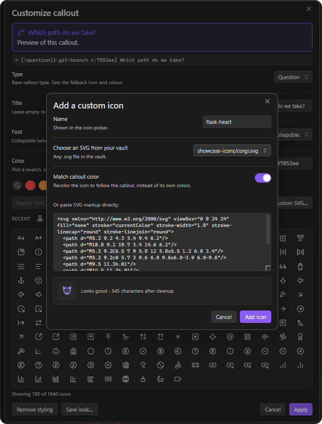 Importing a custom SVG with live preview, dark theme