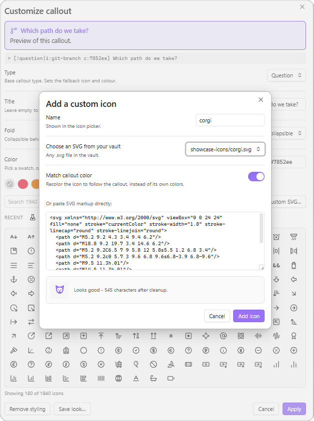Importing a custom SVG with live preview, light theme